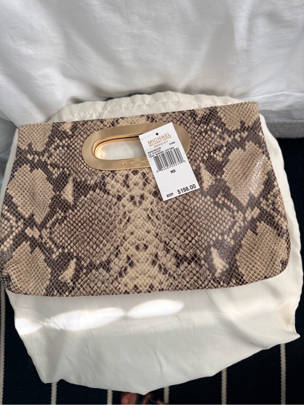 Michael Kors Snake-Print Clutch in Beige and Brown with Gold Handle - Picture 2 of 8